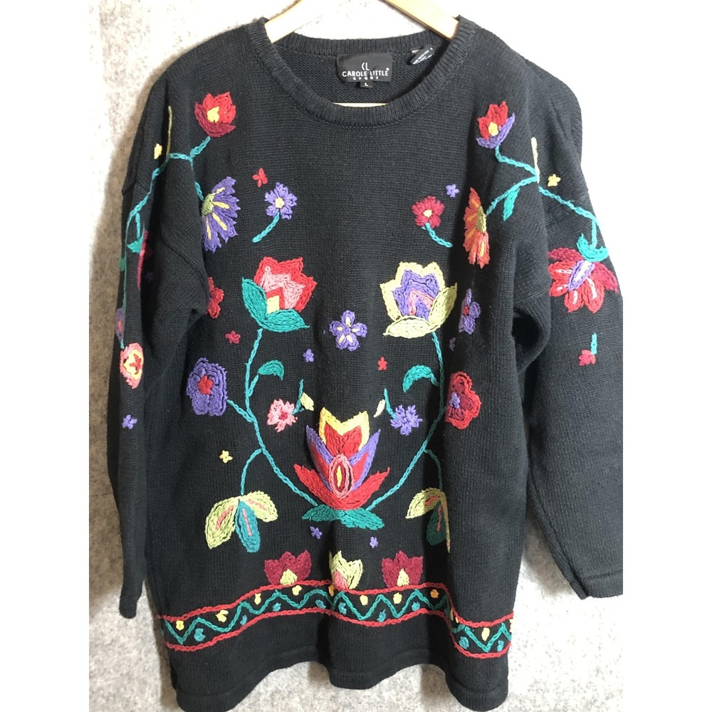 Vintage Carole Little Sport Sweater Womens Large Black Floral Embroidered 90s